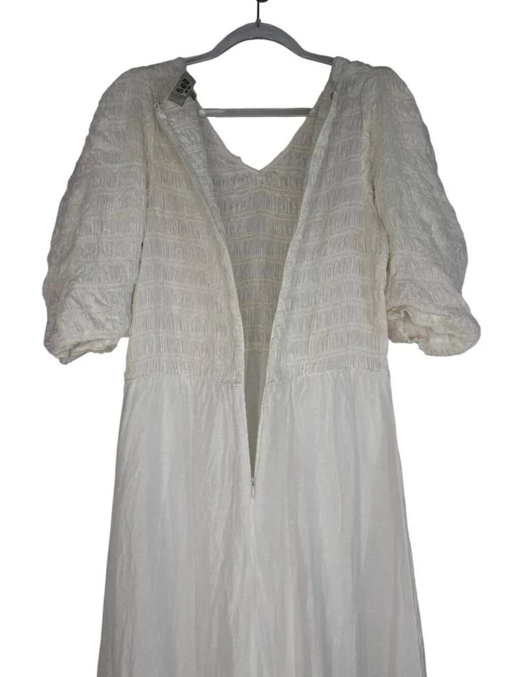 Sea New York Smocked Tiered Maxi Dress Puff Sleeves Linen Blend White Sz Medium